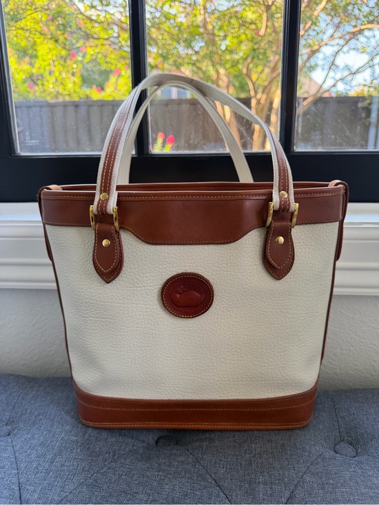 Dooney & Bourke Handbags - Dooney & Bourke Cream/bone and Brown Leather-Trim Tote Bag
